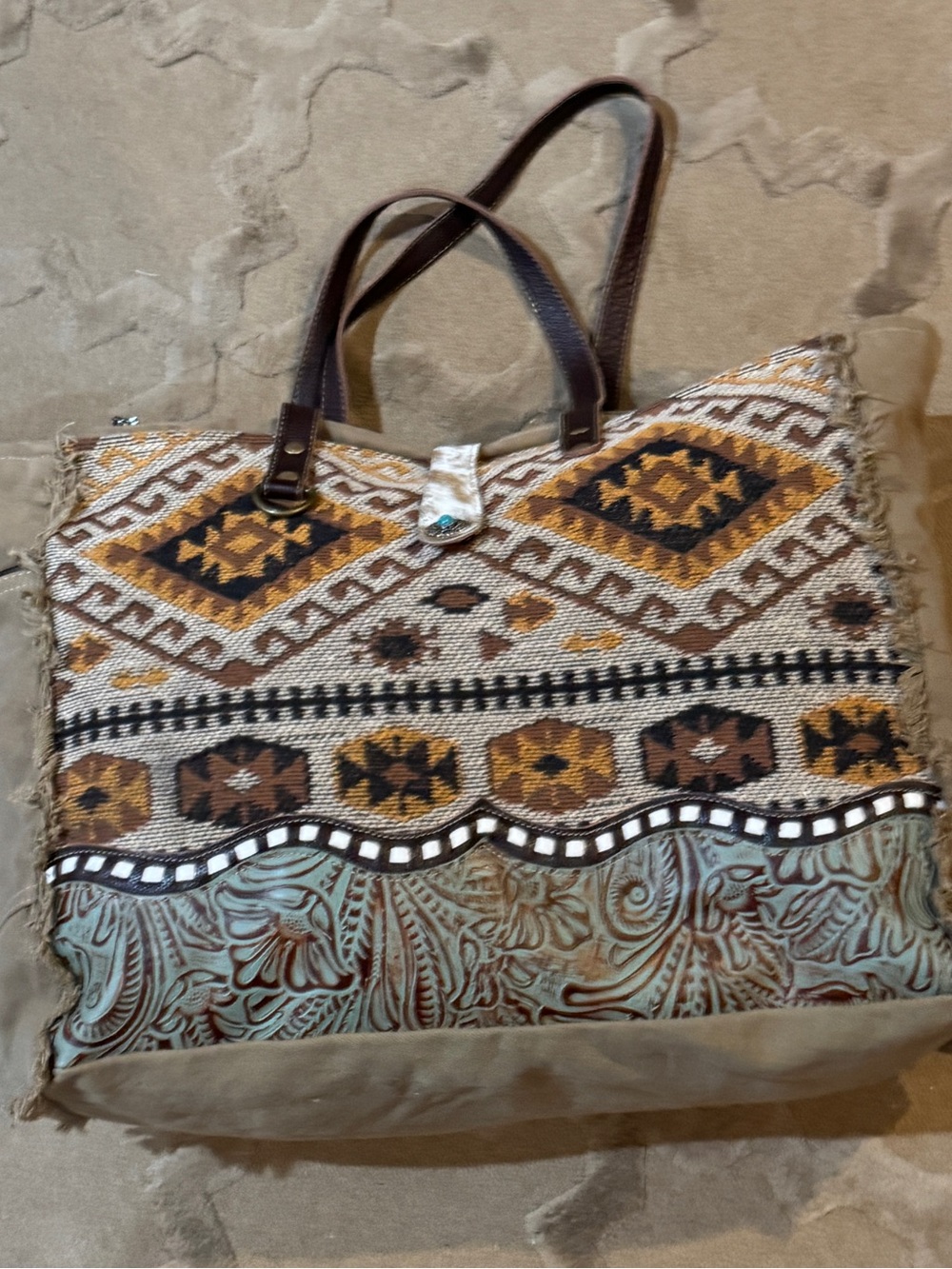 Myra Bag Aztec Boho Tapestry Tote W Cow Hide Conch Strap And  Zipper Closure